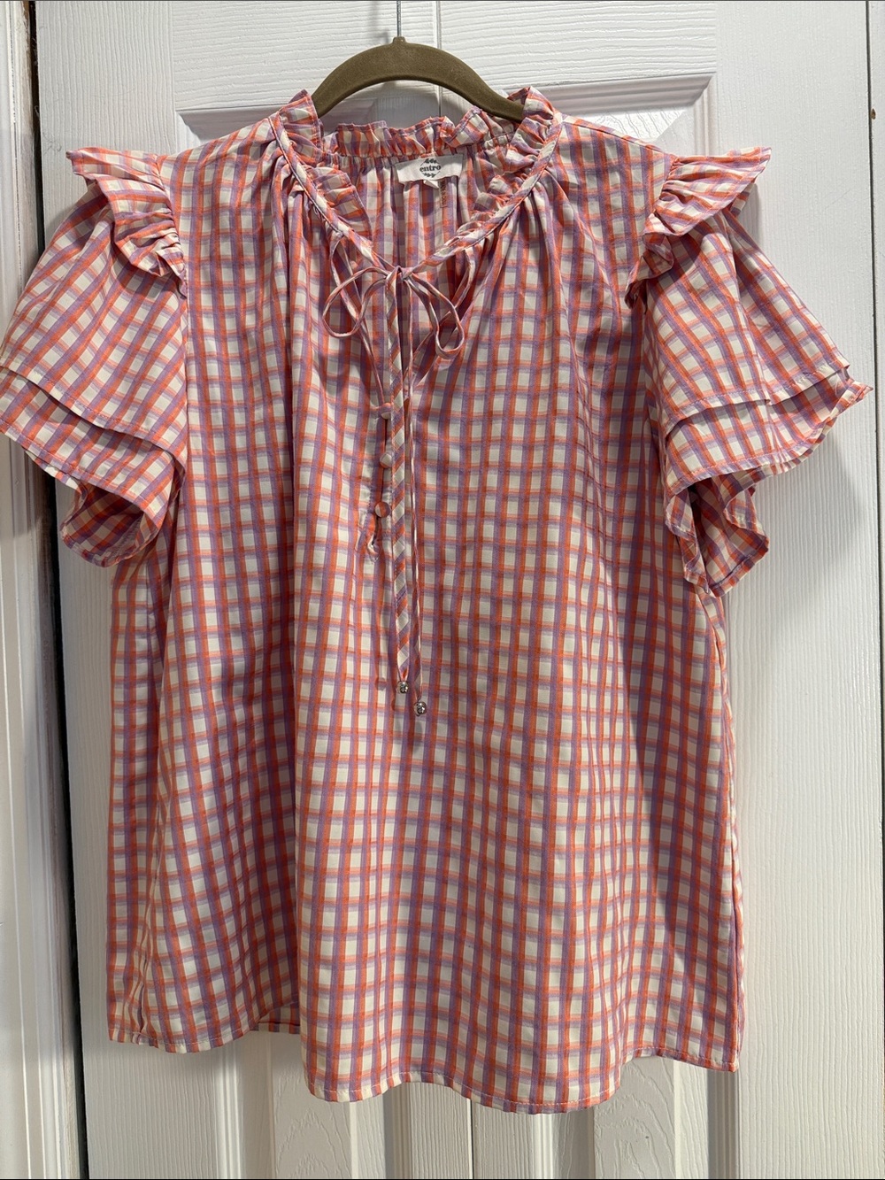 entro Pink Plaid Ruffle Tie-Neck Blouse - Picture 2 of 5